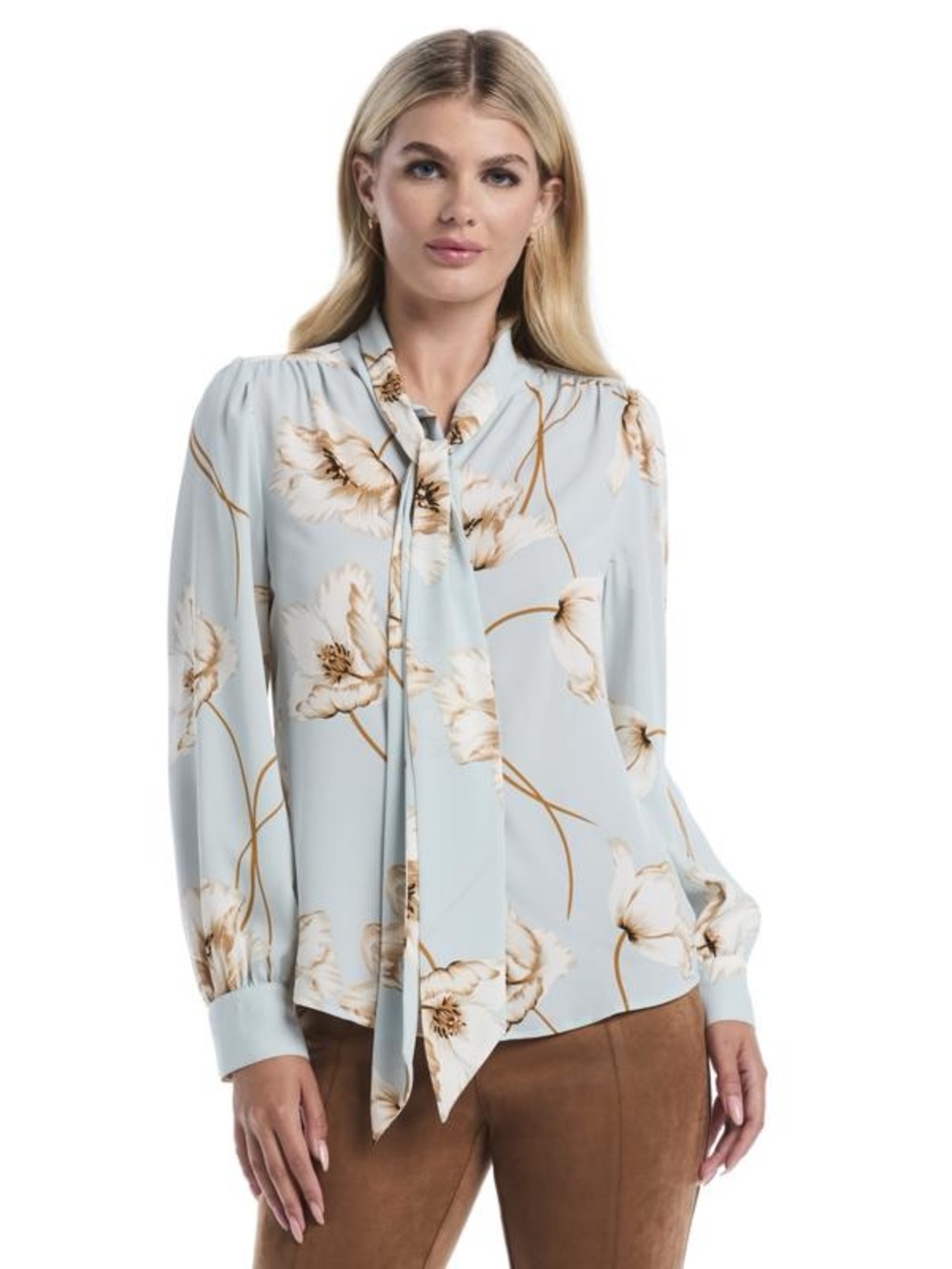 NWT Laundry By Shelli Segal Light Blue Floral Tie-Neck Blouse Size Large